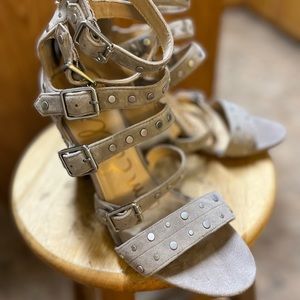 Sam Edelman grey & silver stud buckle heels